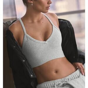 Alo Yoga Seamless Ribbed V-Neck Low Back Sports Bra Athletic Heather Grey XS